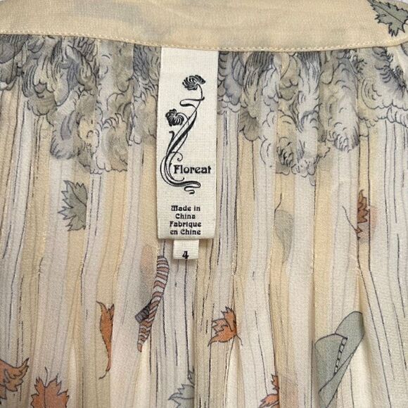 Anthropologie Floreat Raining Pouring Silk Blouse with Umbrella Hat Print Size 4 - Picture 5 of 7